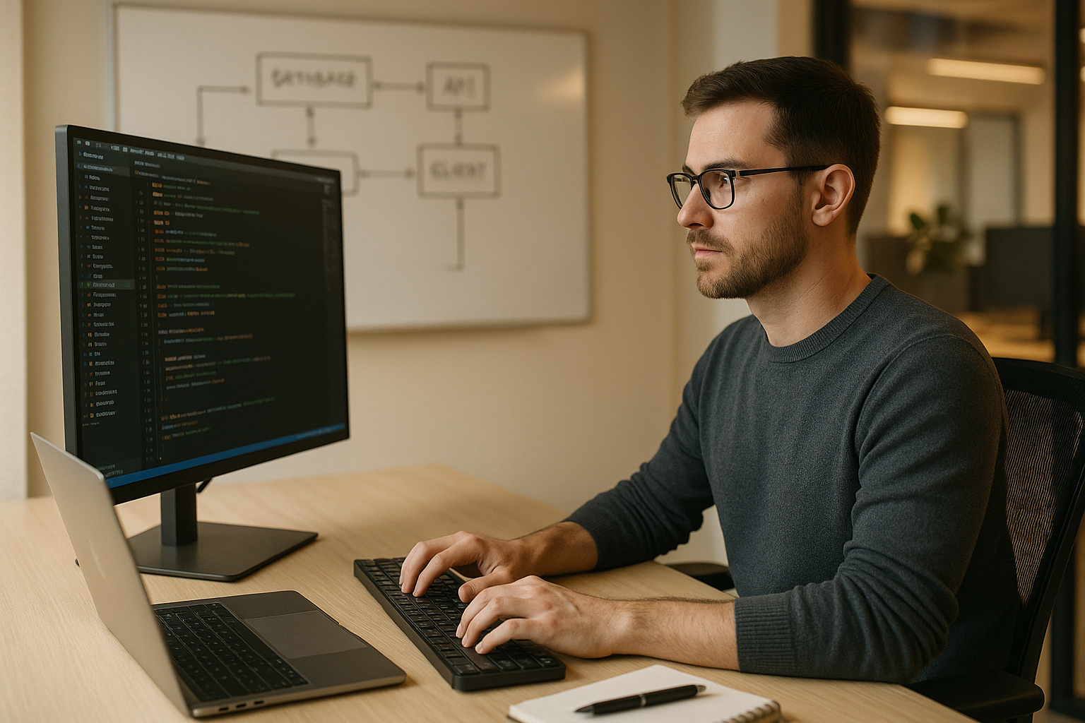Developer workspace with code editor and technology architecture diagram